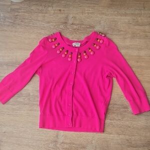 Kate Spade Jeweled Neck Long Sleeve Button Cardigan Bright Pink Sz M